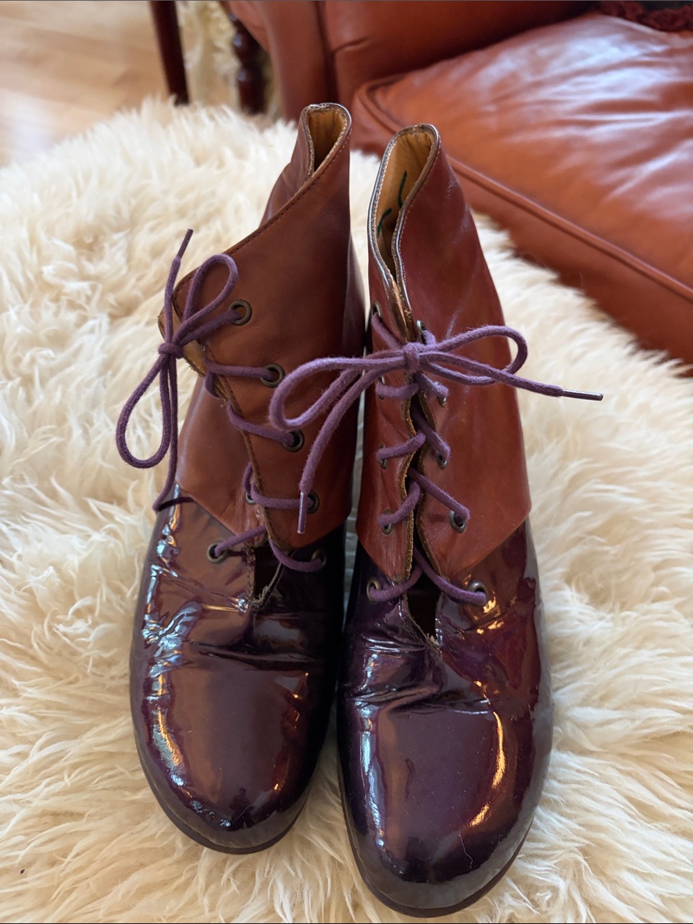 John Fluevog Women's Burgundy Patent and Brown leather Lace-Up Ankle Boots size9